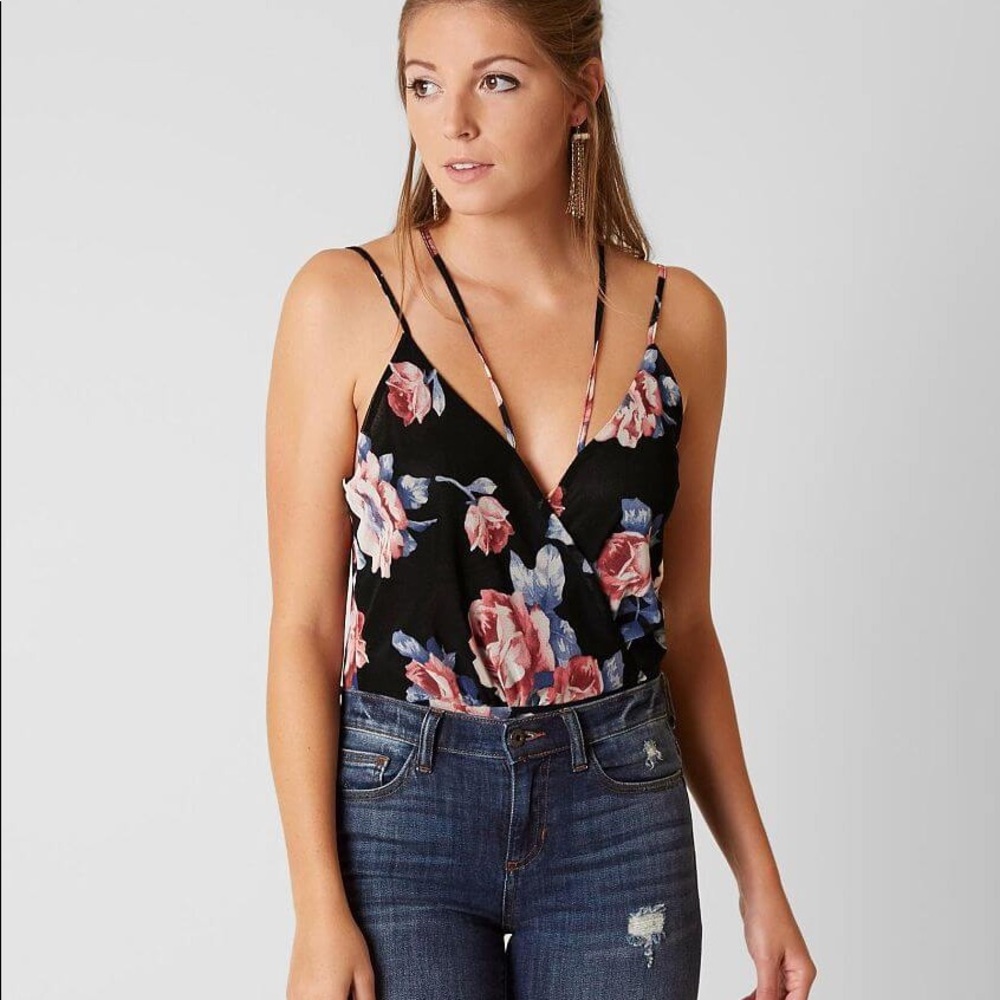 🍑 2 FOR $20! Lush Strappy Bodysuit Black and Blue Floral